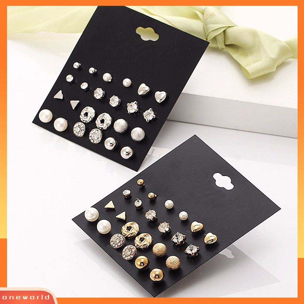 [WOD] 12pasang /Set Mutiara Imitasi Hati Cinta Mahkota Segitiga Stud Earring Lady Jewelry