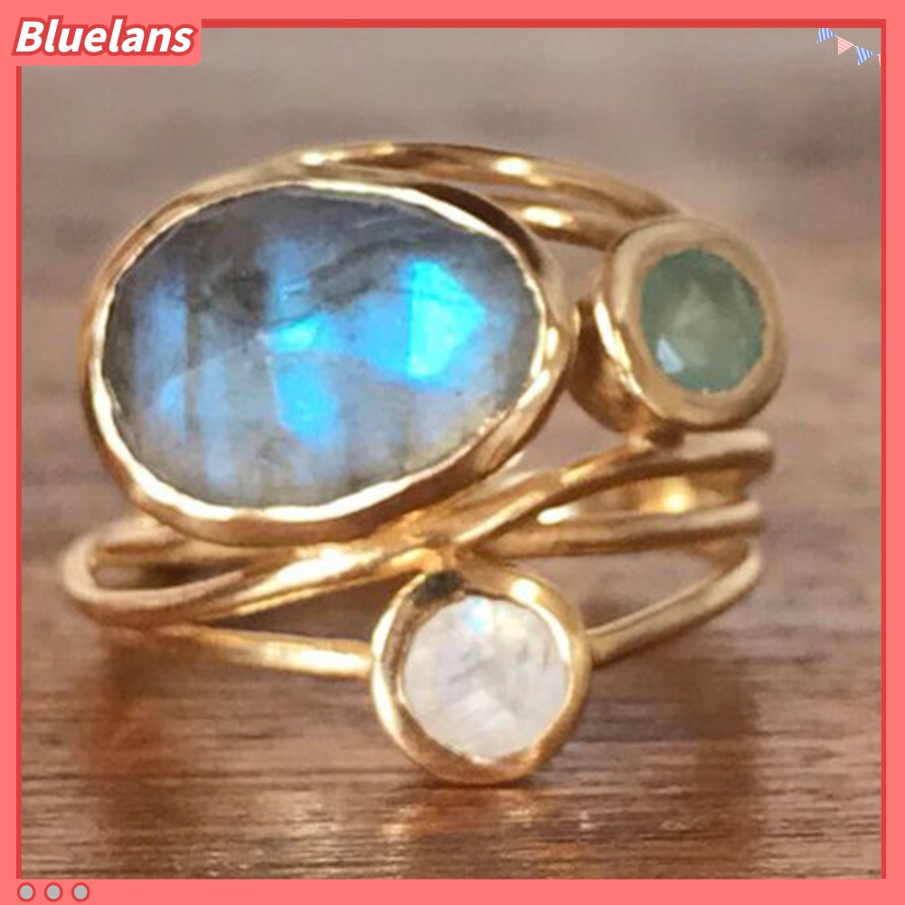 [BLS] Vintage Irregular Multilayer Buatan Moonstone Wanita Jari Cincin Perhiasan Hadiah