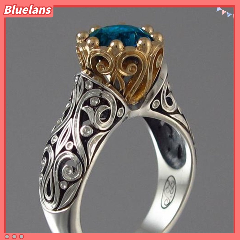 [BLS] Vintage Etnik Wanita Ukir Bulat Imitasi Topaz Berlapis Jari Cincin Perhiasan Hadiah