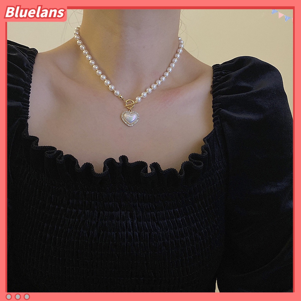 [BLS] Klavikula Kalung Elegan Jantung Shell Liontin Manik Manis Mengkilap Hias Hadiah Wanita Besar Putih Imitasi Mutiara Kalung Pesta Perhiasan