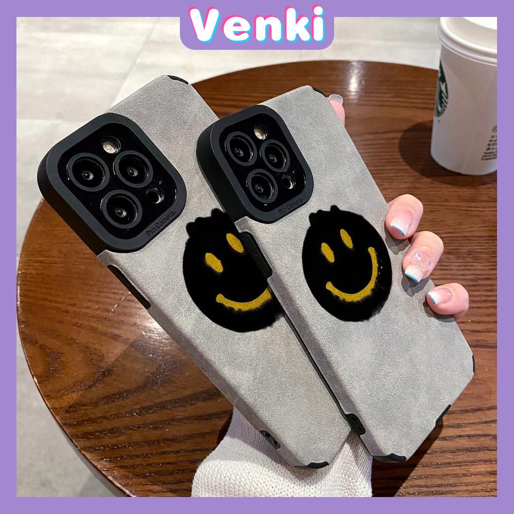 VENKI - Untuk iPhone 11 Case Leather Pupil Suede Cover Soft Shockproof Cover Camera Simple Yellow Smile Kompatibel dengan iPhone 14 13 Pro max 12 Pro max xr xs 7Plus 8Plus