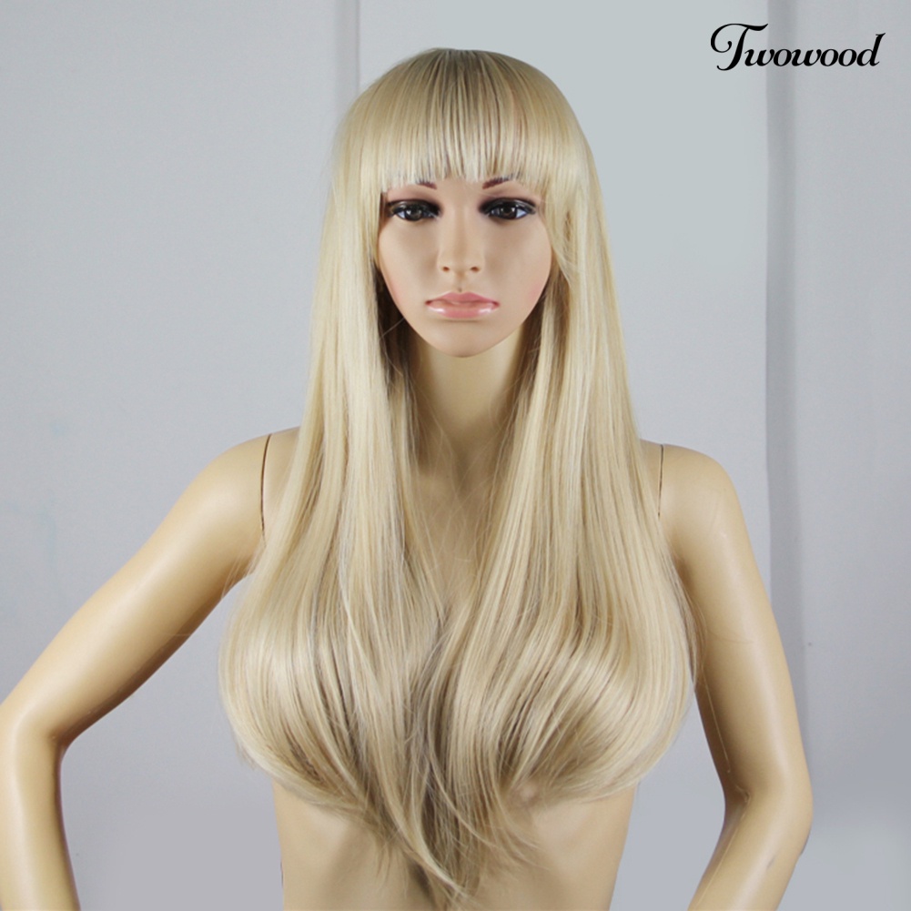 Twowood Modern Lady Golden Tone Poni Rapi Lurus Panjang Penuh Wig COSPLAY Club Sopak