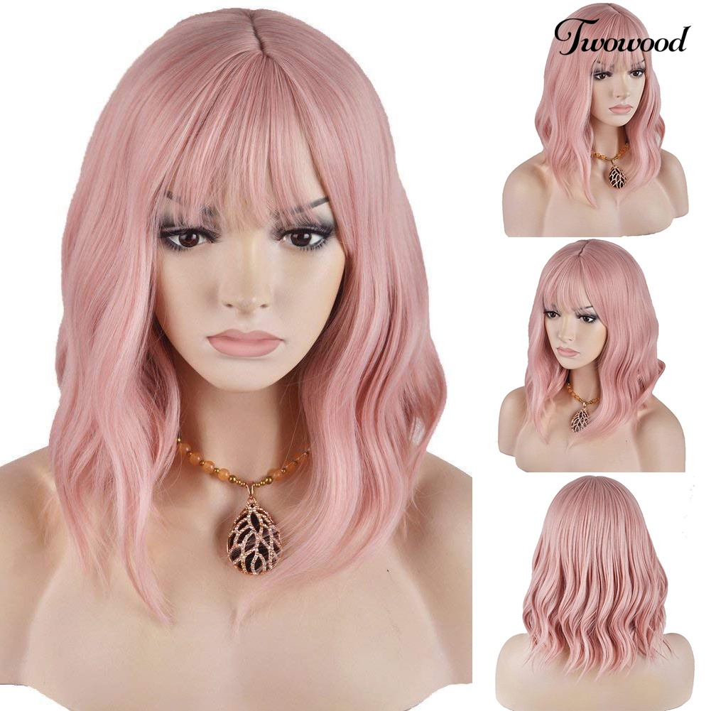 Wig Rambut Palsu Wanita Sintetis Twowood Pink Curly Panjang Bahu Dengan Poni Untuk Cosplay