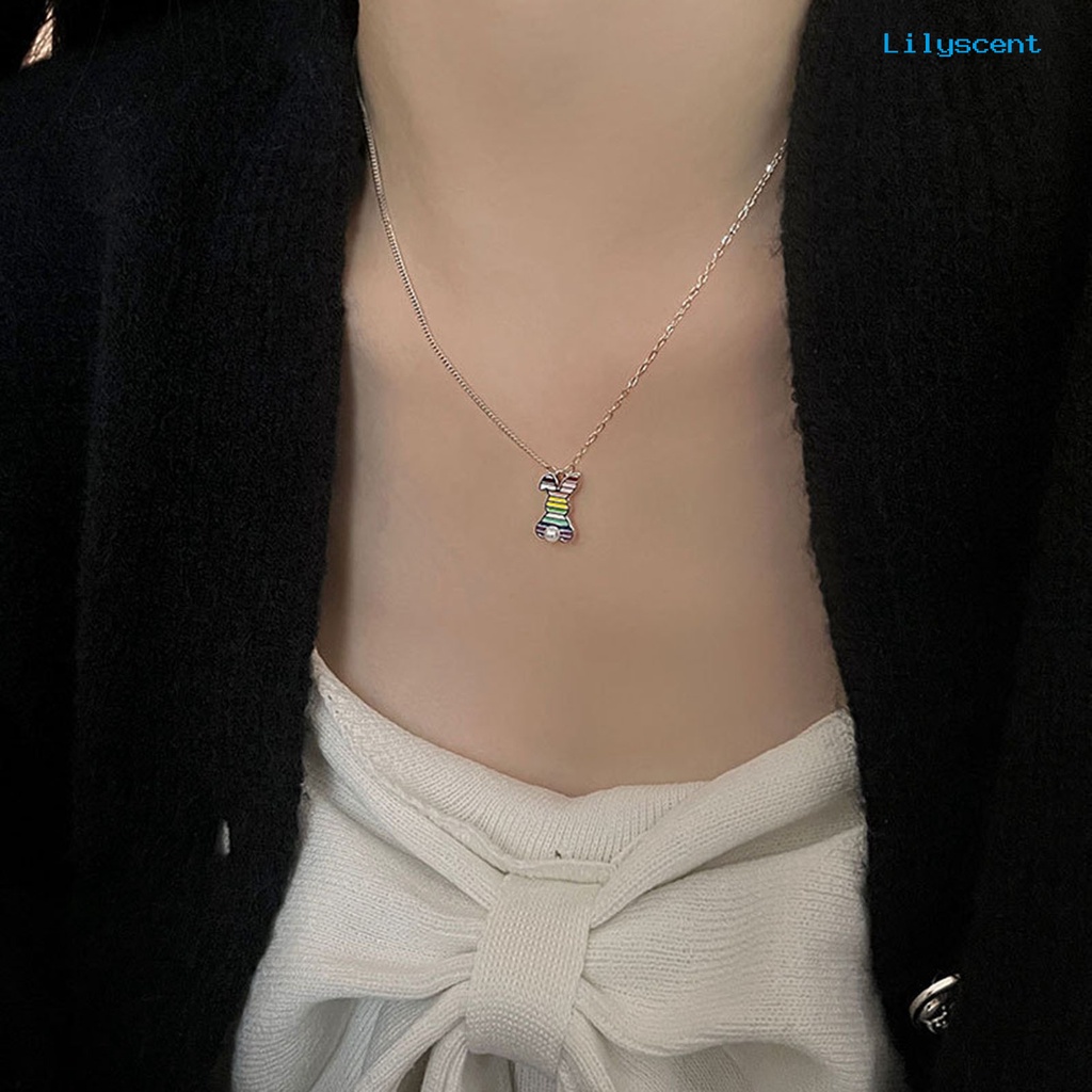 [LS]Wanita Kalung Rainbow-dripping Minyak Bergaris Mutiara Imitasi Elegan Kelinci Liontin Klavikula Kalung Fashion Perhiasan