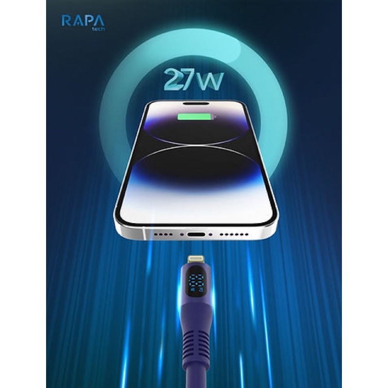 RAPAtech Smart LED Display Kabel Data Usb C to Lightning PD Fast Charging 27W Premium Quality For iPhone 11 12 13 14 Pro Max 14 Plus XR XS Max original bergaransi