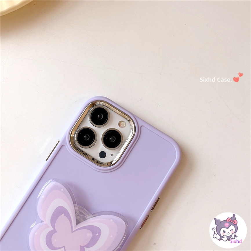 IPHONE Kompatibel Untuk Iphone11 14 13 12 Pro Max8 7Plus X Xs Xr Xs Max SE2020 Electroplated Lens Frame Protection Simple Purple Butterfly Fashion Phone Case+Braket Lembut Anti Jatuh Cover