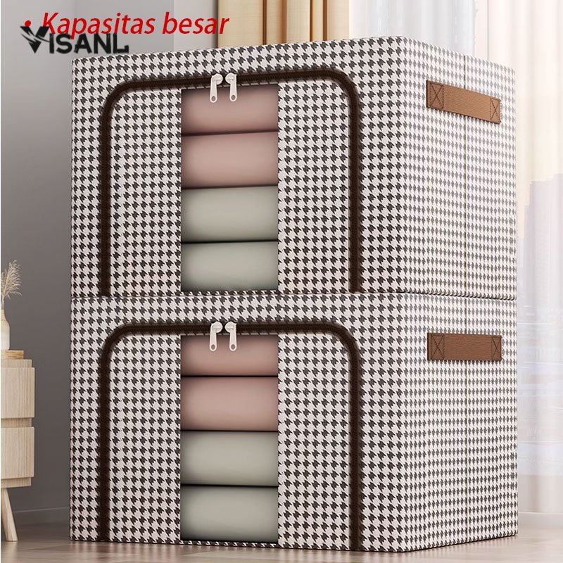 Lipat kotak penyimpanan pakaian serbaguna mainan box tahan lembab storage box baju besar organizer frame baja Double Zipper Large Box 24L 66L 100L