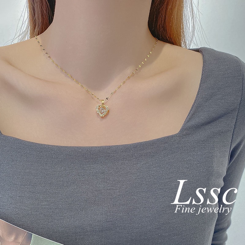 Kalung Titanium Anti Karat Perak Hati Berlian Aesthetic Elegan Fashion Aksesoris Wanita Perhiasan