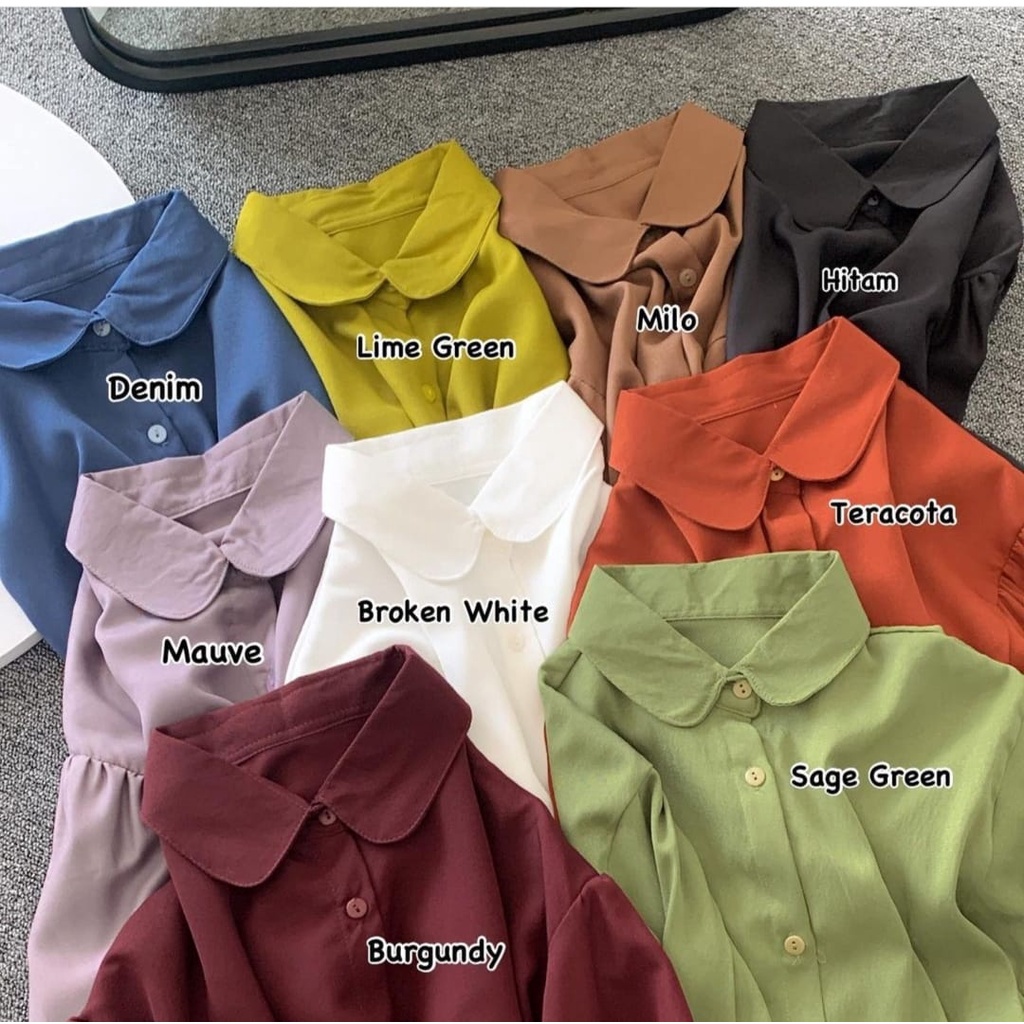 KEMEJA SHAKILA ELZA BLOUSE ATASANA BASIC BERKERAH KOREAN STYLE FORMAL CASUAL WANITA REMAJA LIME PUTIH HITAM TERAKOTA MINT MARON GREY TERBARU KEKINIAN HITS OOTD