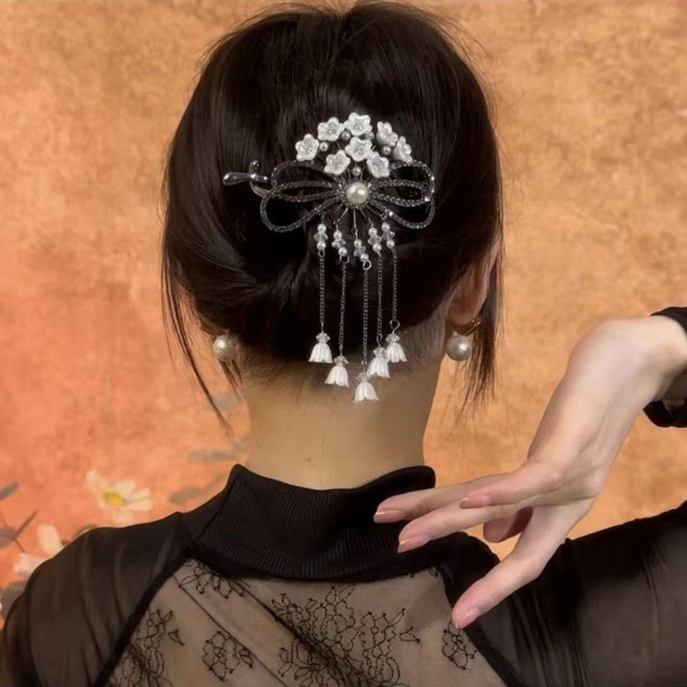 Needway Wanita Ponytail Holder Bow Knot Elegan Bell Bunga Anggrek Berlian Imitasi Alloy Gaya Cina Klip Rambut Untuk Hadiah Ulang Tahun