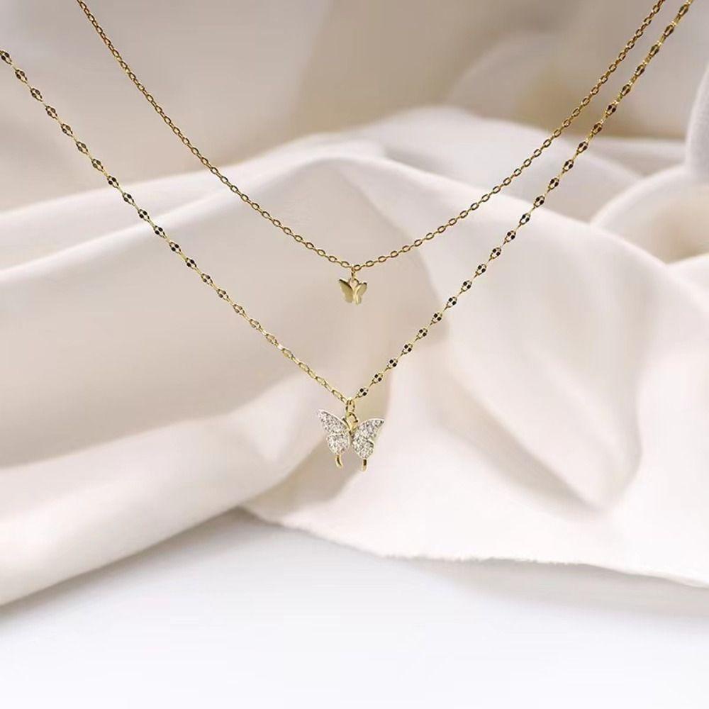 Lily Shiny Butterfly Necklace Rantai Klavikula Lapisan Ganda Mewah Ringan Baru Untuk Wanita