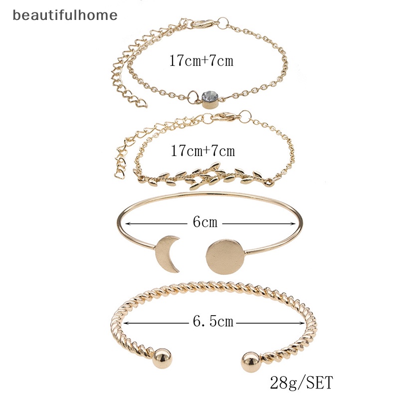 {beautifulhome} 4pcs /Set Wanita Bohemian Gelang Kristal Daun Bulan Handmade Alloy Bangle Jewelry.