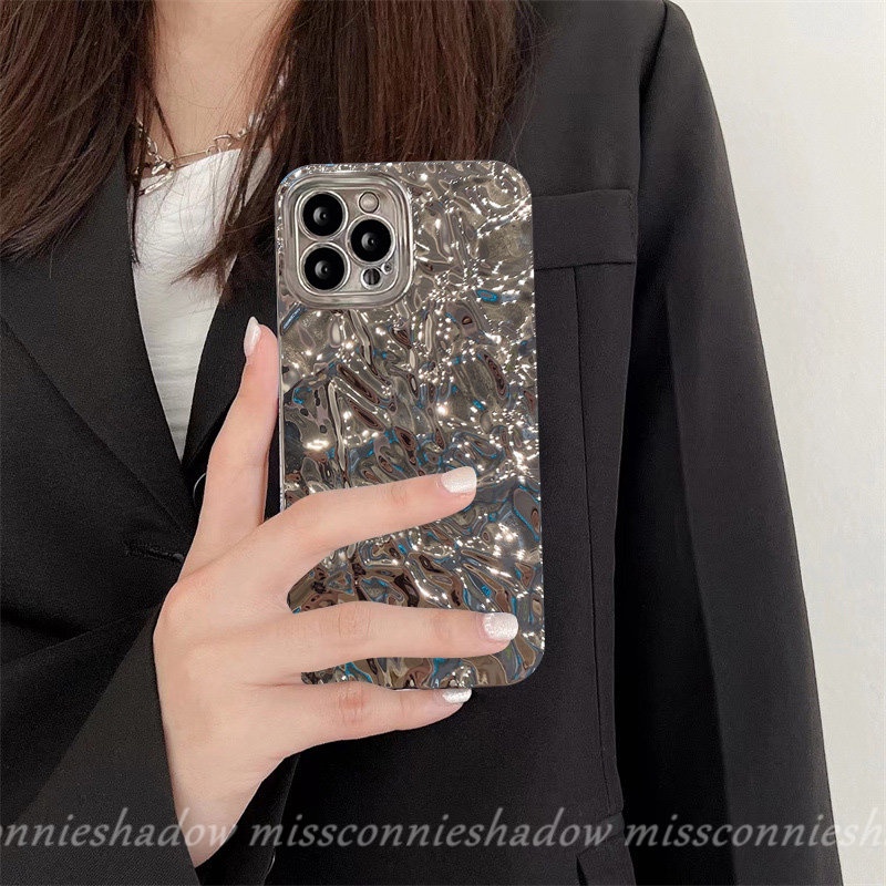 Casing Ponsel Padat Simple Mewah Kompatibel Untuk IPhone Xr12 11 13 14 Pro Max 7Plus 8Plus X XS Max6 6s 7 8 Plus SE 2020warna Anti Jatuh Sarung Kerut Logam Elektroplate Canggih