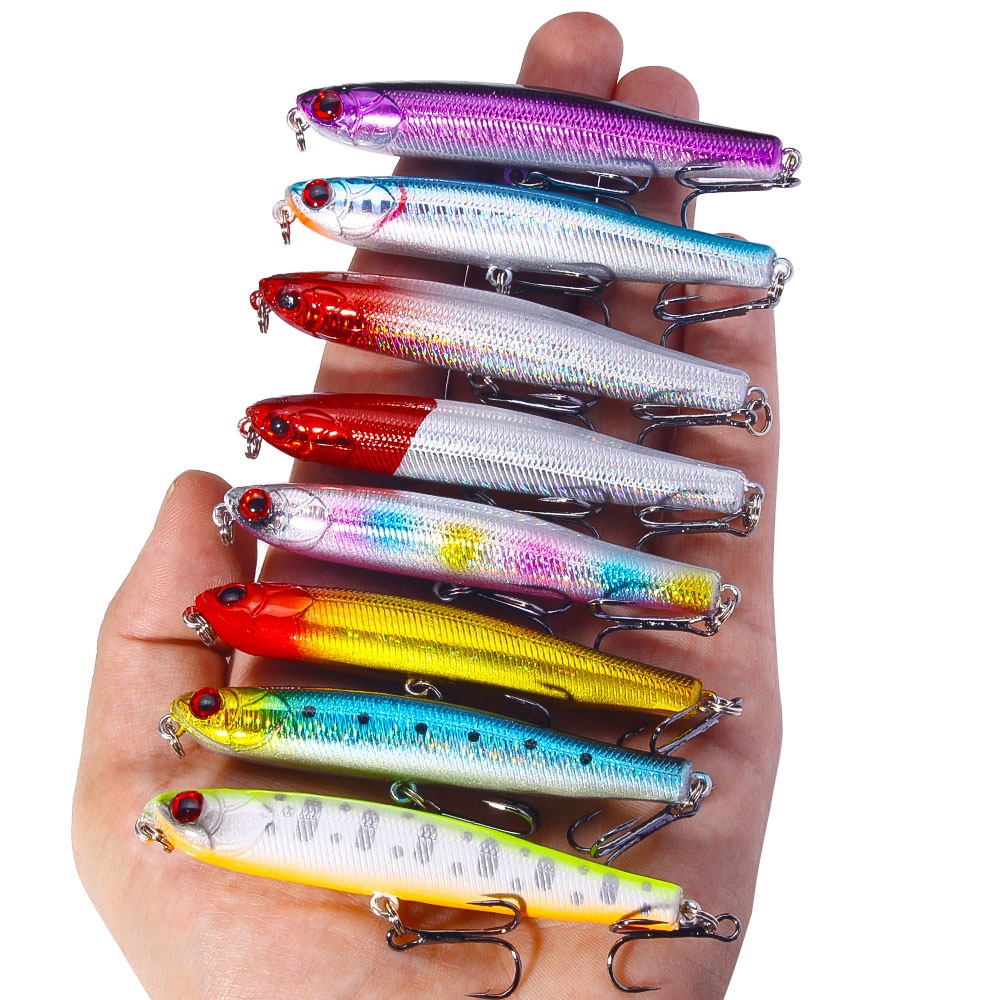 (New)HENGJIA 1pcs Umpan Pensil Lempar Panjang 5cm4g/5.5cm6.2g/8.5cm12.4g Umpan Pengecoran Pensil Tenggelam 10warna Hard Lure Artificial Wobblers Plastic Fishing Tackle Dengan12# Hook Treble