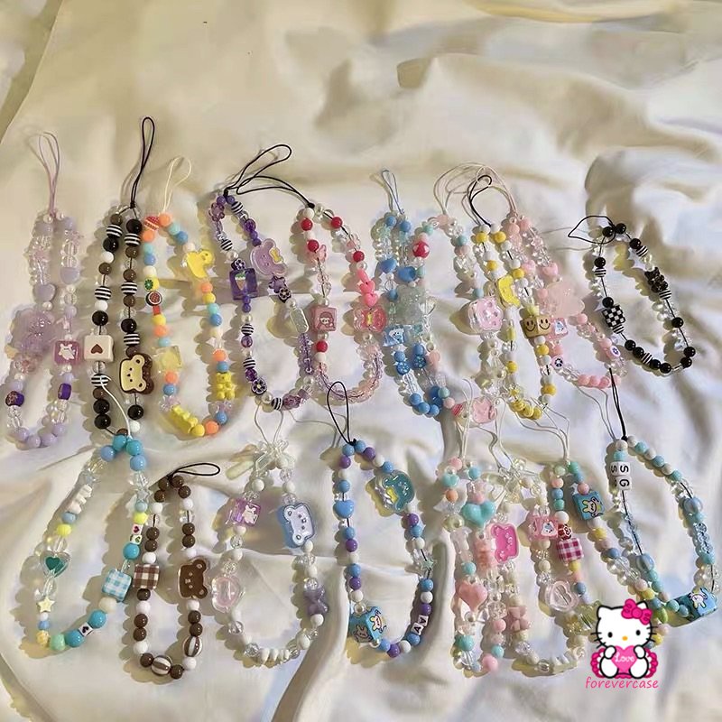 Baru Hitam Putih Beruang Senyum Cinta Hati Manik-Manik Rantai Ponsel Pesona Wanita Gadis Dekorasi Ponsel Lanyard Tali Telepon