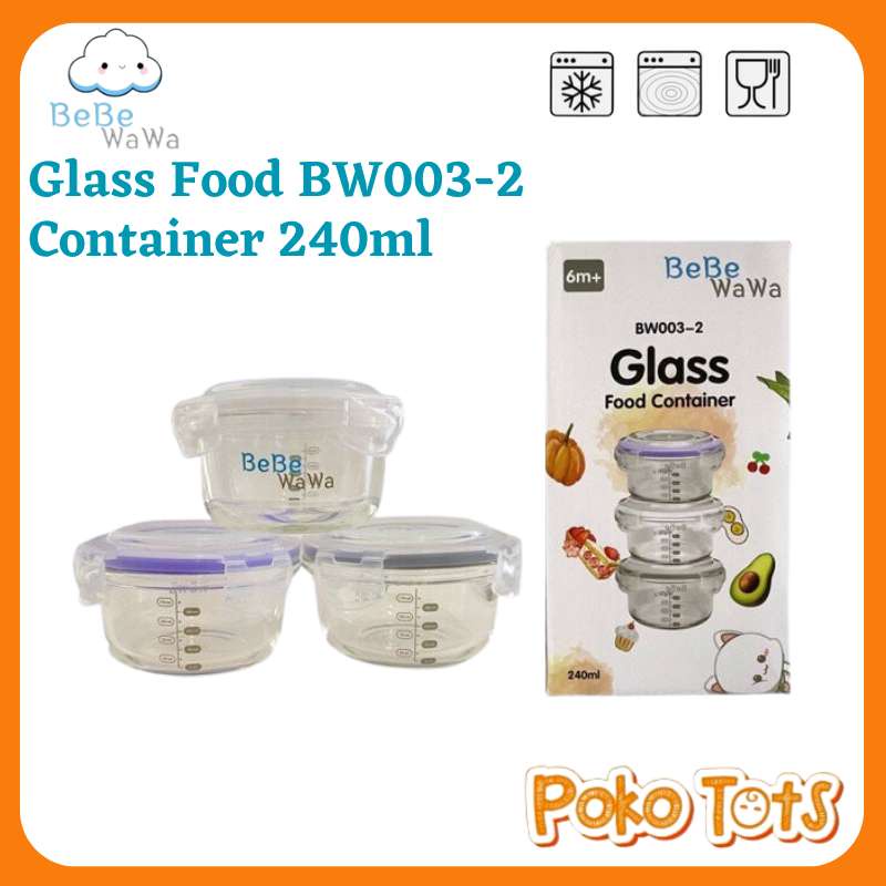 Bebe Wawa Glass Food Container 240ml Isi 3pcs BW003-2 Tempat Makanan Bayi Takaran Ukuran Garis Takar WHS