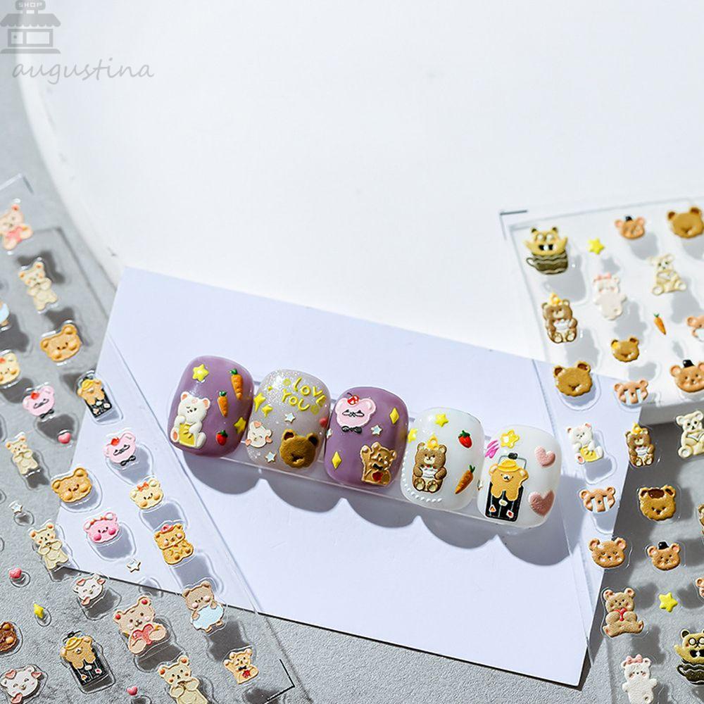 Agustina Kartun Stiker Kuku Lucu 3D Relief Ternak Penguin Beruang Perekat Diri Nail Art Dekorasi