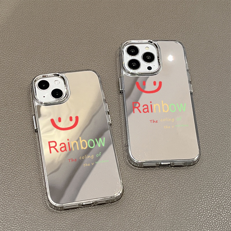 IPHONE Casing Ponsel Cermin Smile Karakter Pelangi Kompatibel Untuk Iphone11 12 13 14 12Pro 13Pro 14Pro Pro Max XR X XS Max Electroplating Tombol Perlindungan Mirror Cover