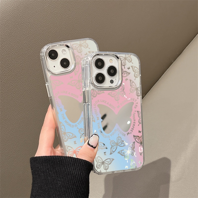 IPHONE Biru Pink Smudged Butterfly Mirror Phone Case Kompatibel Untuk Iphone11 12 13 14 12Pro 13Pro 14Pro Pro Max XR X XS Max Electroplating Tombol Perlindungan Mirror Cover