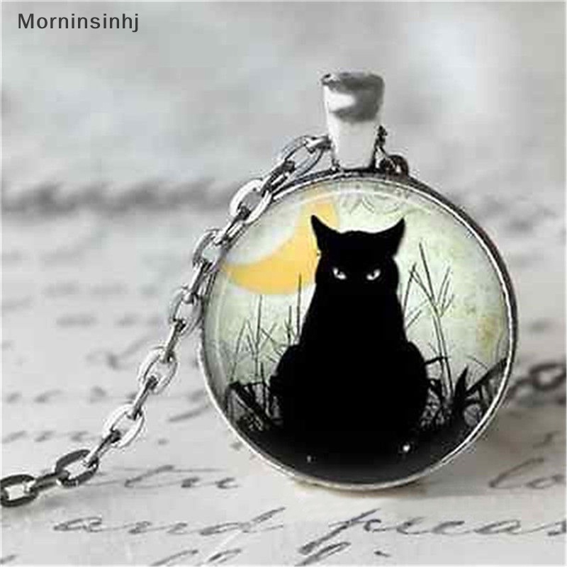 Mornin Chic Wanita Vintage Black Cat Cabochon Silver Plated Rantai Kaca Liontin Kalung id