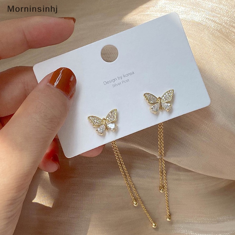 Mornin Korea Berlian Imitasi Kristal Kupu-Kupu Drop Menjuntai Anting Ear Studs Wanita Perhiasan id