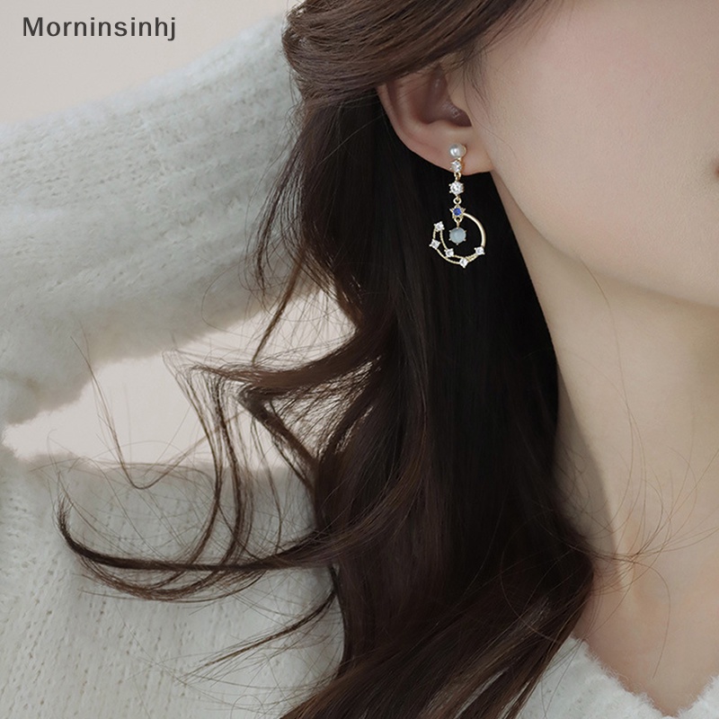 Mornin 1pasang Indah Mutiara Bulan Asimetris Drop Earrings Fashion Biru Kristal Liontin Anting Gadis Lucu Pesta Pernikahan Perhiasan id