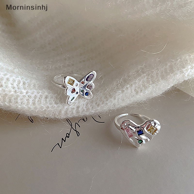 Mornin Vintage Butterfly Heart Open Rings Untuk Wanita Perhiasan Aesthetic Fashion Simple Adjustable Colorful Zircon Finger Ring Aksesoris id