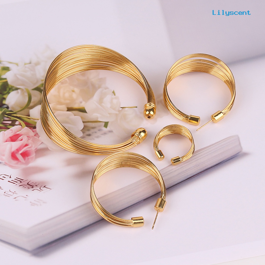 [LS]4Pcs /Set Exotic Nigeria Bridal Lingkaran Kalung Anting Gelang Cincin Perhiasan