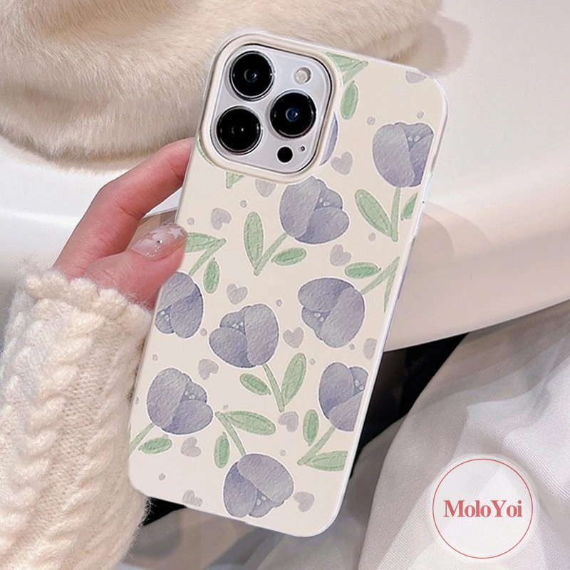 Musim Panas Lukisan Minyak Tulip Halus Shockproof Case Kompatibel Untuk IPhone 7Plus 11 13 14 12 Pro Max 7Plus XR XS X Max SE 2020lembut INS Fashion Gaya Korea Glossy Phone Cover