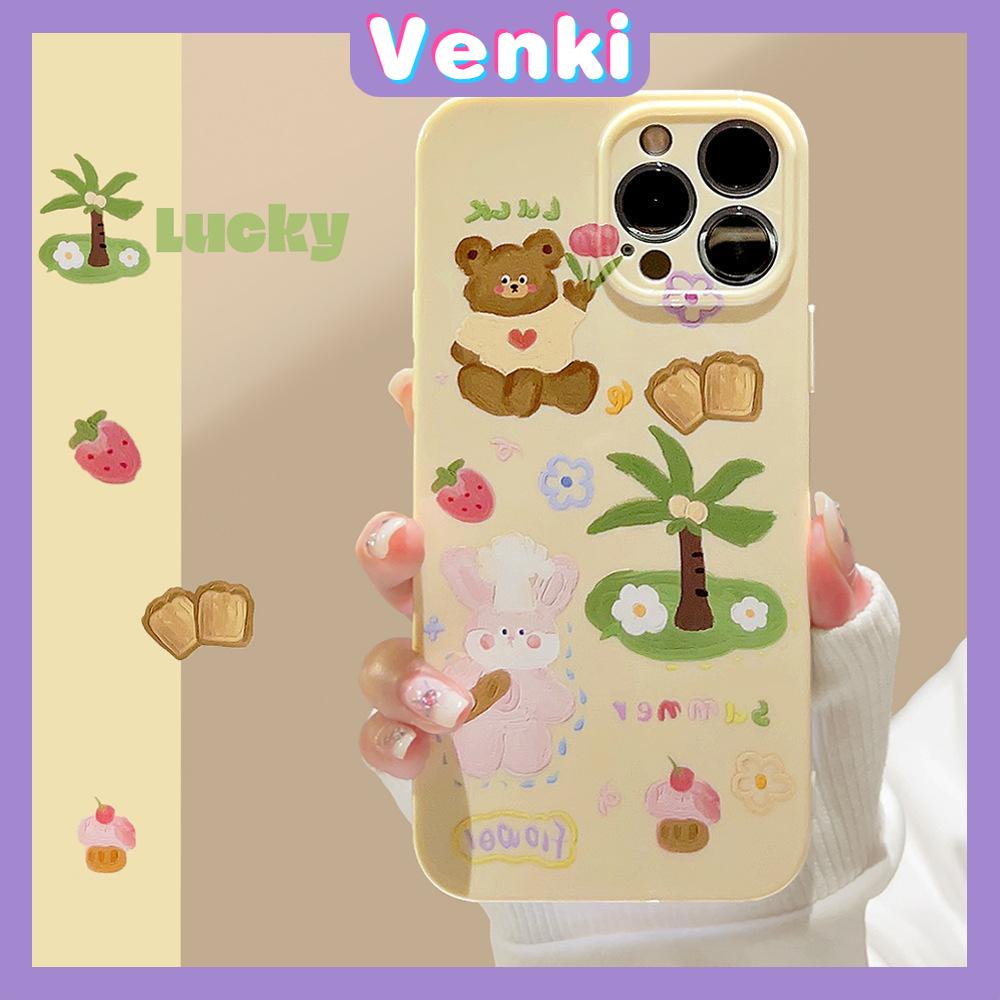 VENKI - Untuk iPhone 11 iPhone Case Cream Glossy Film TPU Soft Shockproof Phase Cover Protection Cute Bear Coco Kompatibel dengan iPhone 14 13 Pro max 12 Pro Max xr xs max 7 8Plus