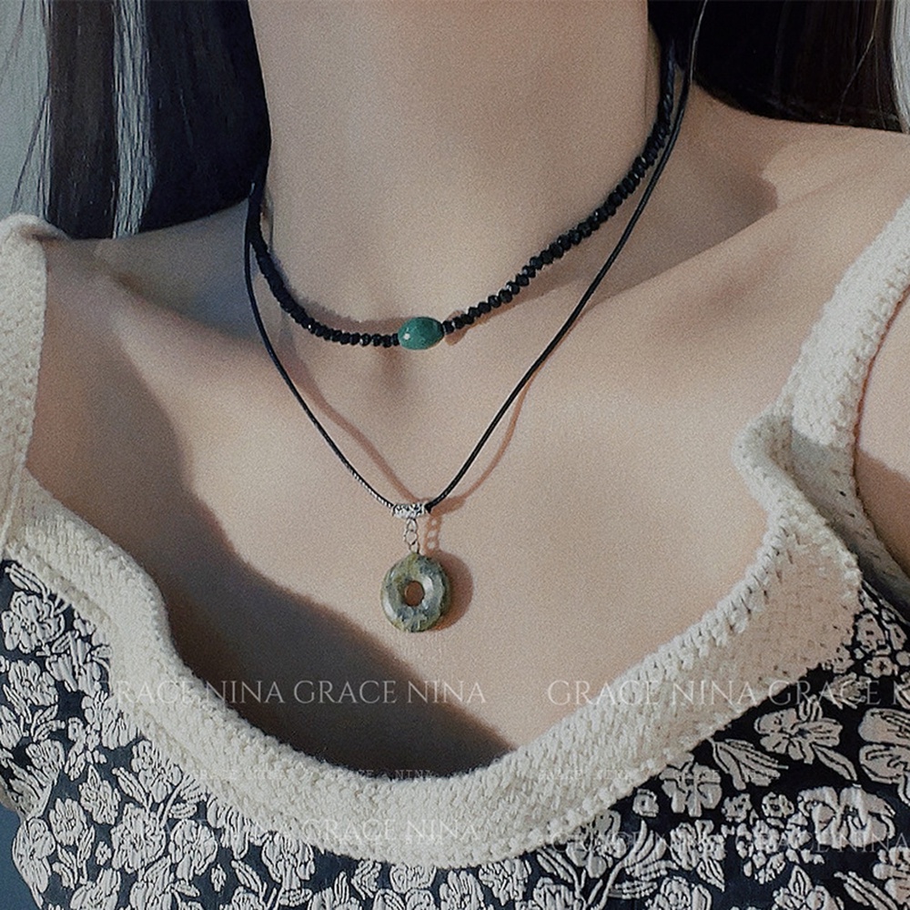 Retro Double Layer Lingkaran Liontin Kalung Wanita Gadis Vintage Tali Rantai Chocker Perhiasan