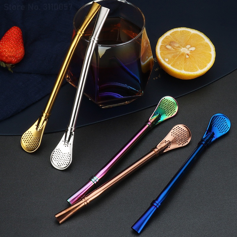 Sedotan Minum Teh Stainless Steel 304sendok Yerba Mate Tea Filter Spoons Reusable Bombilla Labu Alat Teh Kopi Sedotan Pengaduk Kreatif 2in1 Sendok Teh