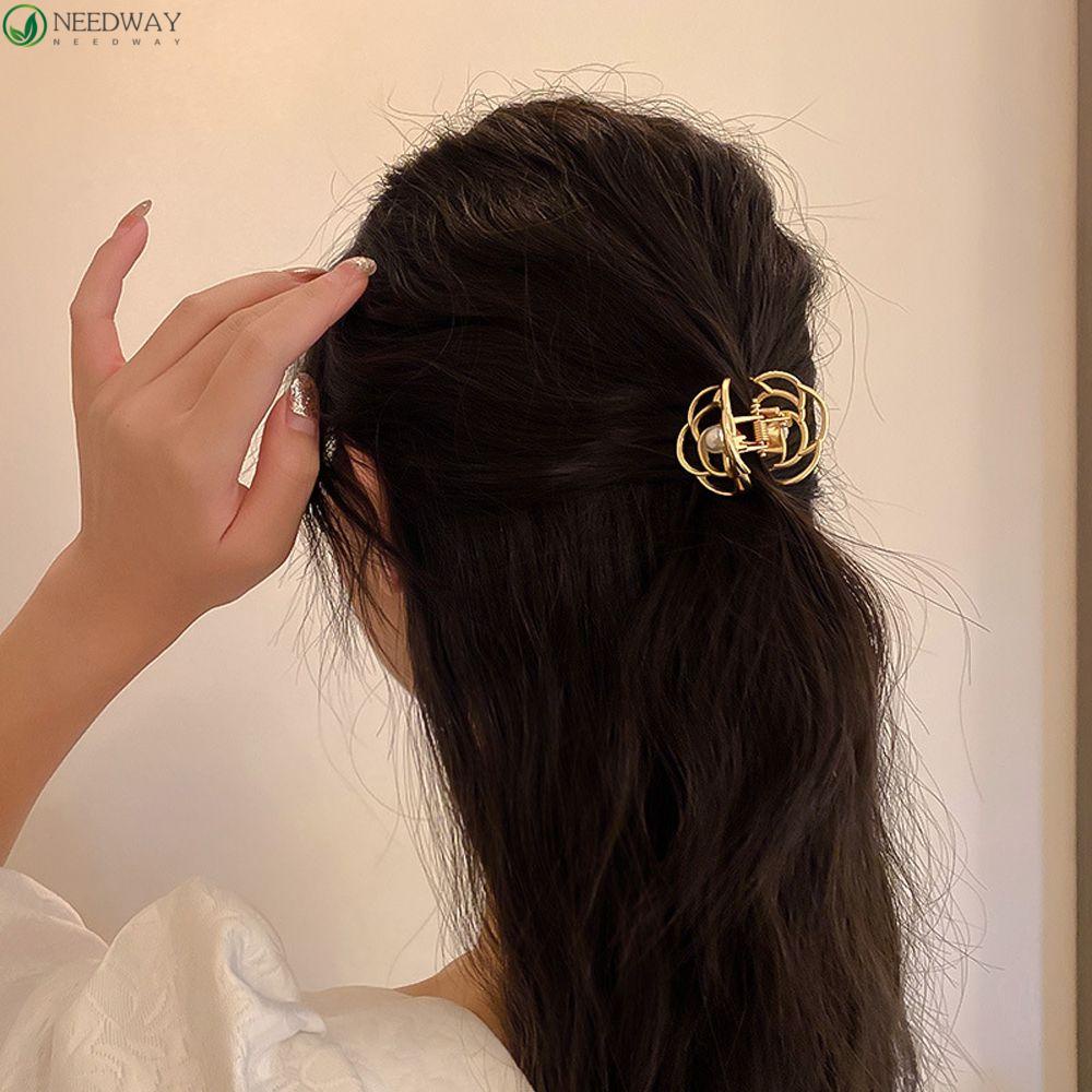NEEDWAY Needway Camellia Hair Claw French Retro Metal Handmade Berlubang Keluar Bunga Jepit Gaya Korea Hiu Klip