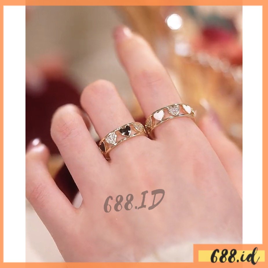 Cincin Wanita Fashion Korea Bentuk Hati Love Kristal Model Terbuka Adjustable Ring Dapat Disesuaikan Warna Hitam Putih Gaya Minimalis CC 05