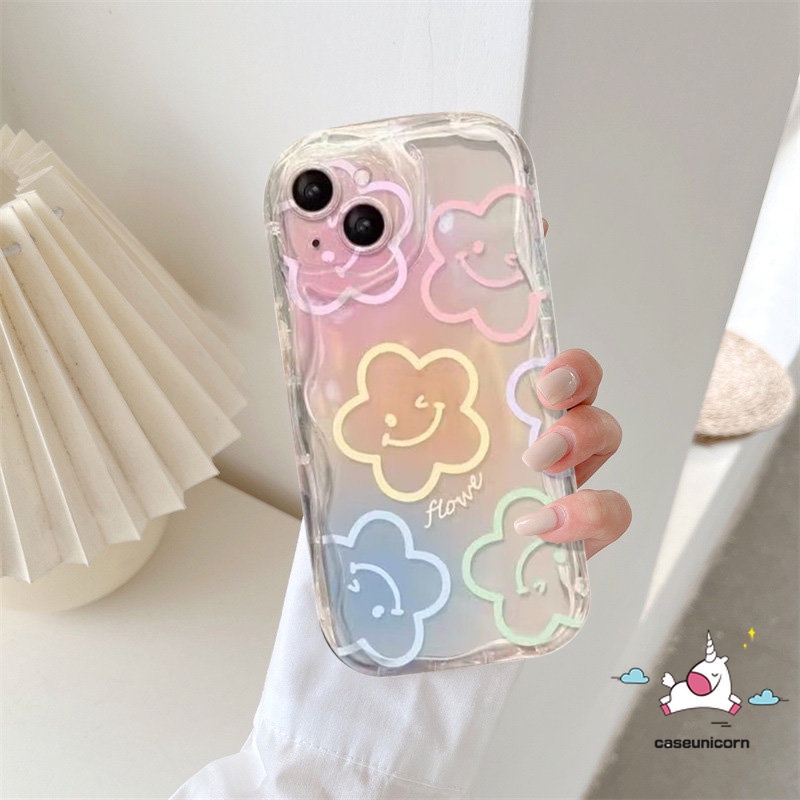 Case Holder Bunga Smiley Lucu Kompatibel Untuk iPhone 7Plus 8 7 6 6s Plus 11 14 13 12 Pro Max XR X XS Max SE 2020 3D Wavy Curved Edge Soft Colorful Line Flower With Stand Bracket