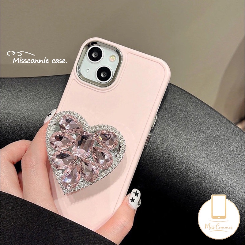 IPHONE Casing Ponsel Bingkai Lensa Logam Plating Mewah Kompatibel Untuk Iphone11 14 13 12 Pro MAX 7plus X XR 78 Plus XS MAX Simple Warna Macaron Soft Cover Dengan Braket Cinta Hati Berlian