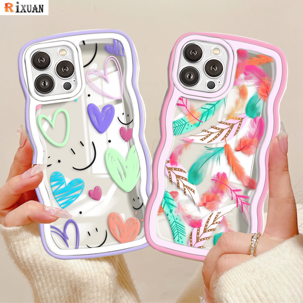 Casing Realme C53 C55 C33 C35 C30s C30 C31 C53 Realme10 9i 8i 6 5 7i C15 C25 C21Y C25Y C12 C11 C20 C3 C2 Narzo50 Wavy Edge Rainbow Feathers Smiley Love Heart Soft Clear Case RIXUAN