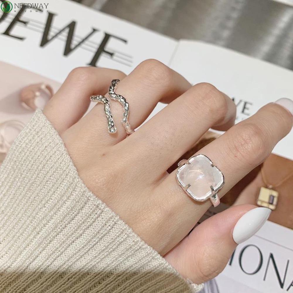 Needway Cincin Persegi, Kepribadian Batu Garis Ganda Cincin, Retro Geometris Terbuka Tidak Teratur Aksesoris Gaya Korea Untuk Perempuan