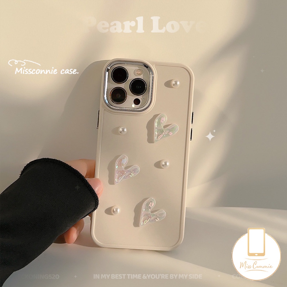 Simple Solid Color Case Compatible for IPhone 11 14 13 12 Pro Max 7plus X XR 7 8 Plus XS MAX Luxury Plating Metal Lens Frame Cover with 3D Cream White Pearl Love Heart Accessories