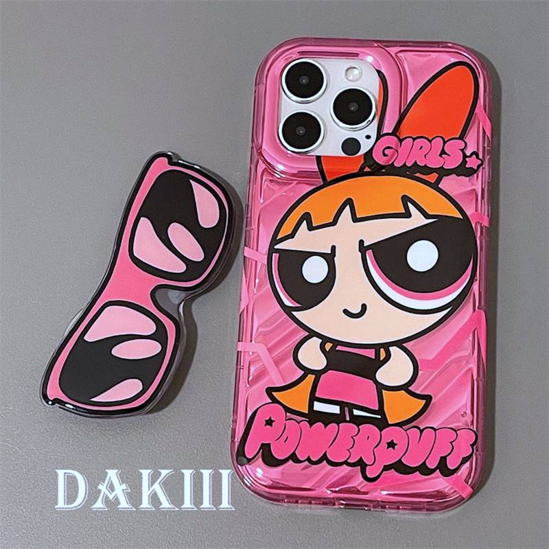 【The Powerpuff Girls】So Cool Laser Wave Gradient Silver Airbag SoftCase IPhone 11 12 13 14 Pro Max X XR XS MAX 14 Plus Girl Women's Fashion Cute Phone Case Gift Popsocket Sunglasse