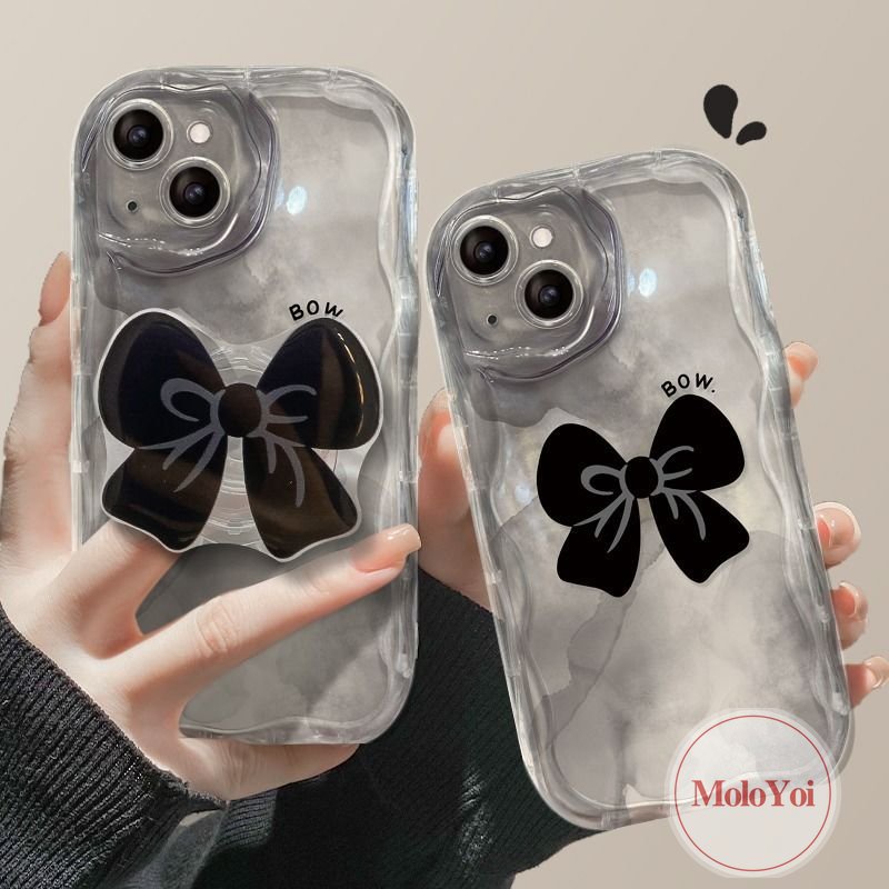 3D Wavy Curved Edge Cover Compatible for IPhone 11 14 13 12 Pro Max XR XS X Max 7 8 6s 6 Plus SE 2020 INS Korean Fantasy Bowknot Ring Holder Holder Bracket Case