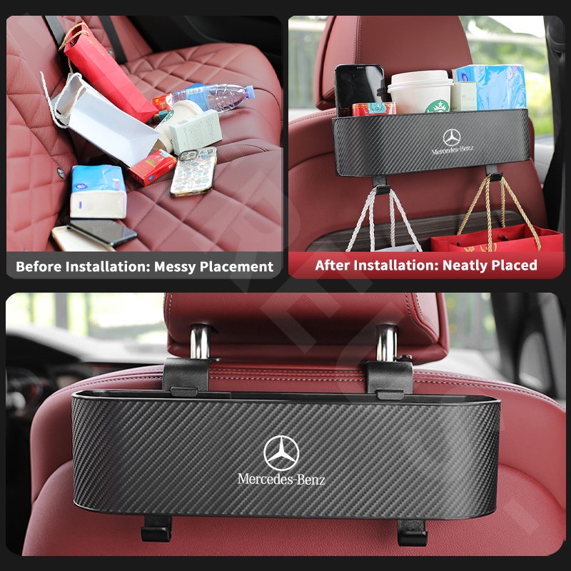 Mercedes Car Back Seat Organizer Car Seat Back Hook Kotak Penyimpanan Cup Holder Tekstur Serat Karbon Untuk Mercedes Benz EQE EQC W207 W211 W205 W212 W204 W220 W206 W124 W213 W218 W222