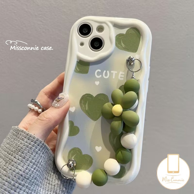 Bunga Gelang Case Untuk Realme C55 C53 C21Y C12 C25s C11 C15 C33 C35 C3 C1 C21 C30 C25 9i 5i 7i 6i 5s C20 C25Y C17 C31 C20A Cat Minyak Hijau Cinta Hati 3D Bergelombang Lengkung Penutup Tepi
