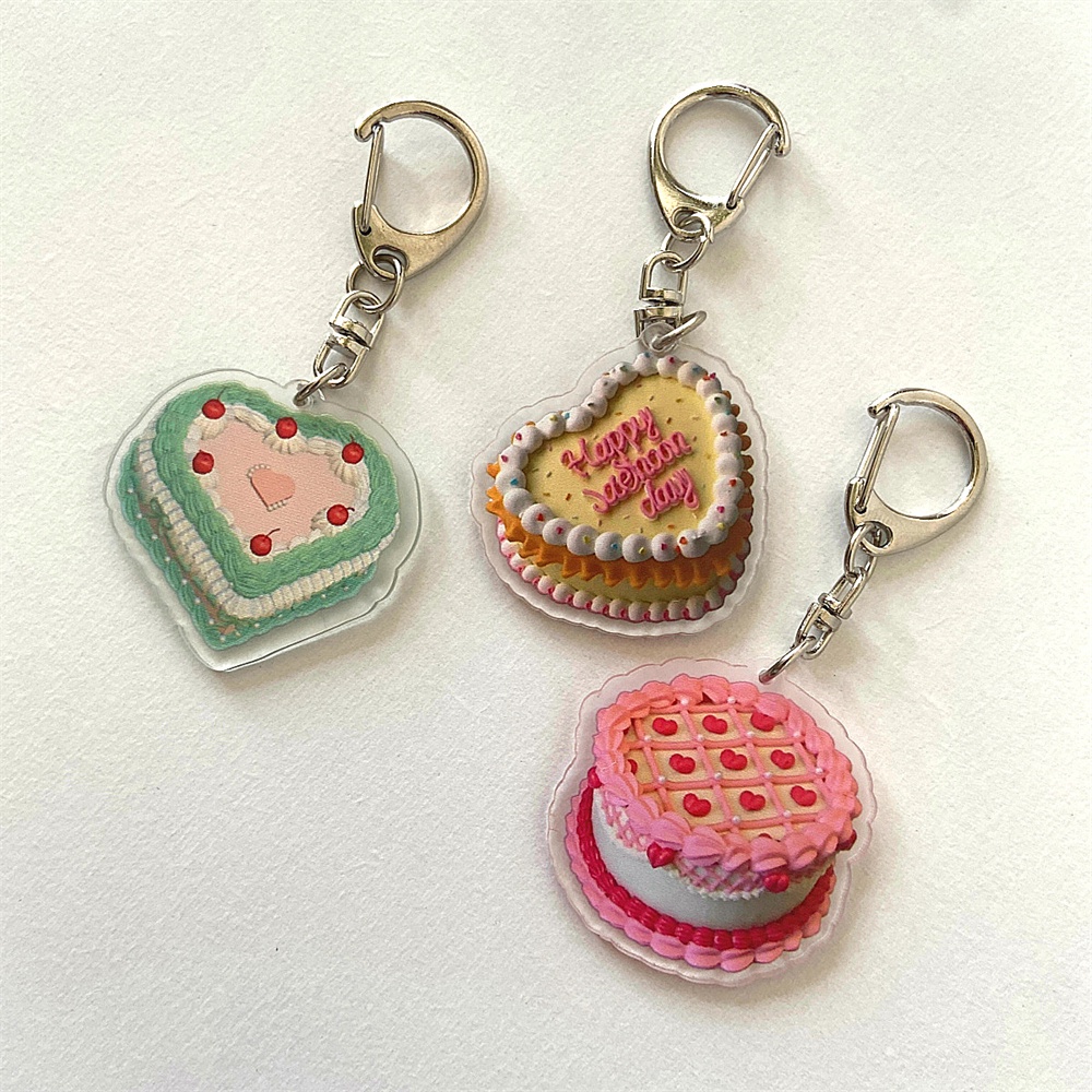 Kreatif Hati Kue Akrilik Gantungan Kunci Vintage Happy Birthday Keyrings Ransel Ritsleting Liontin Hias Aksesoris Hadiah