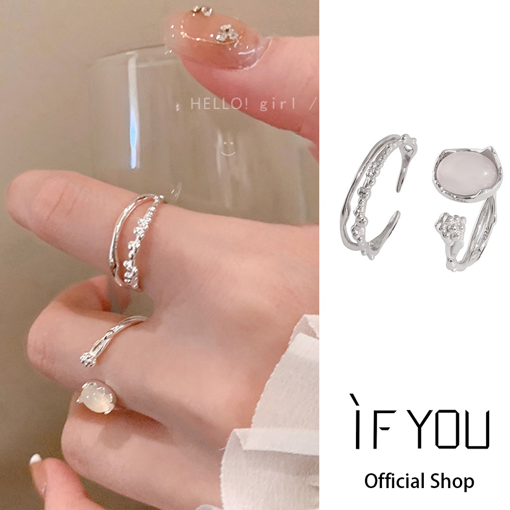 Ifyou 2pcs /Set Cincin Set Moonstone Elegan Perak Cincin Terbuka Untuk Aksesoris Perhiasan Wanita