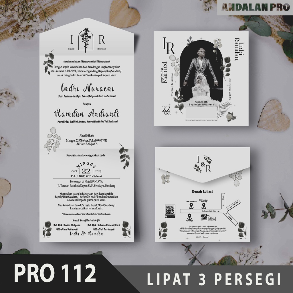 50 Desain Undangan Pernikahan Lipat 3 Persegi, Grayscale / Hitam Putih, BC TIK 200 GSM