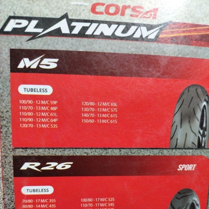 BAN MOTOR CORSA TUBELES TUBLES 100/90 -12 RING 12 M5 PLATINUM SCOOPY FREEGO DEPAN MAYESTRO