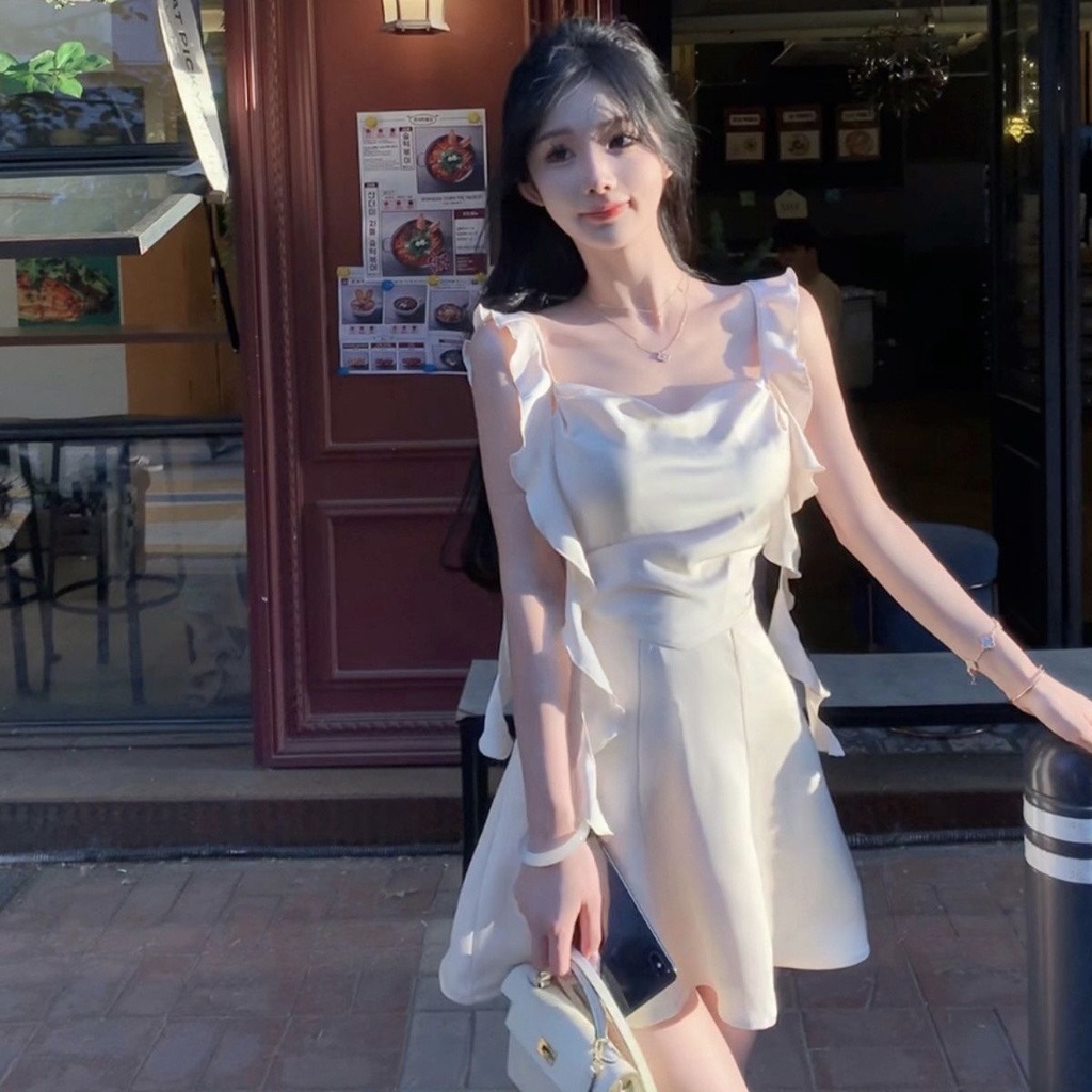 Aroana Alesha  Gaun Satin Rok Xialusi Wanita Rok Selempang Desain Pendek Rok Pita