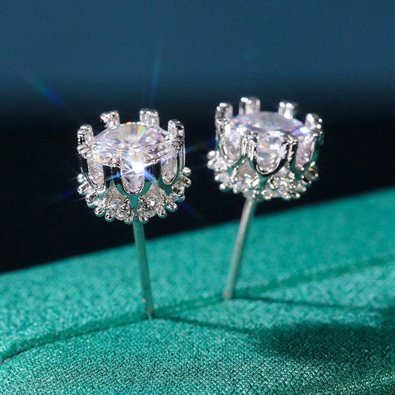 Wanita Bulat Kristal Solitaire Berlian Studs Halo Earrings