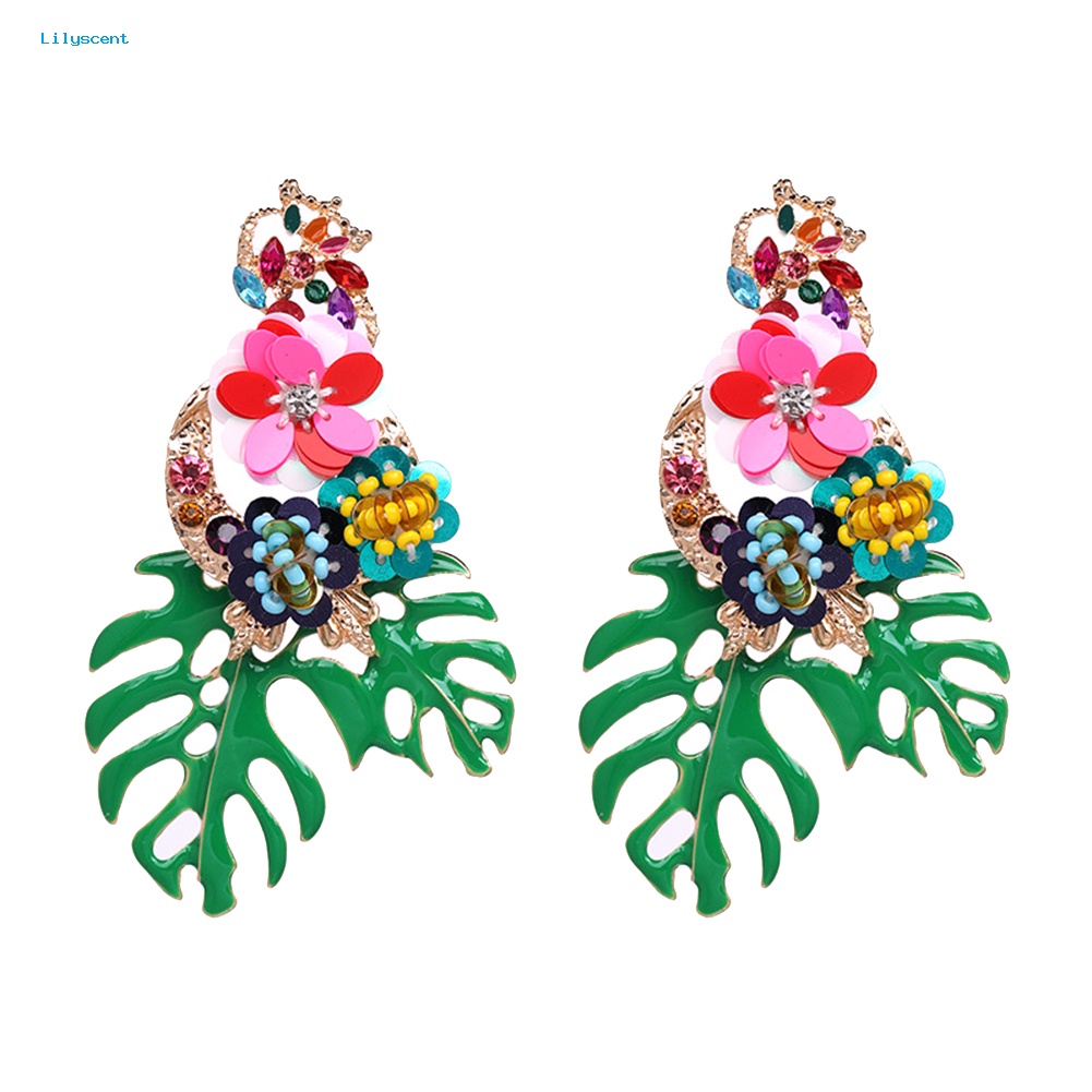 Lilyscent Vintage Wanita Daun Bunga Warna-Warni Sequin Beads Berlian Imitasi Statement Earrings